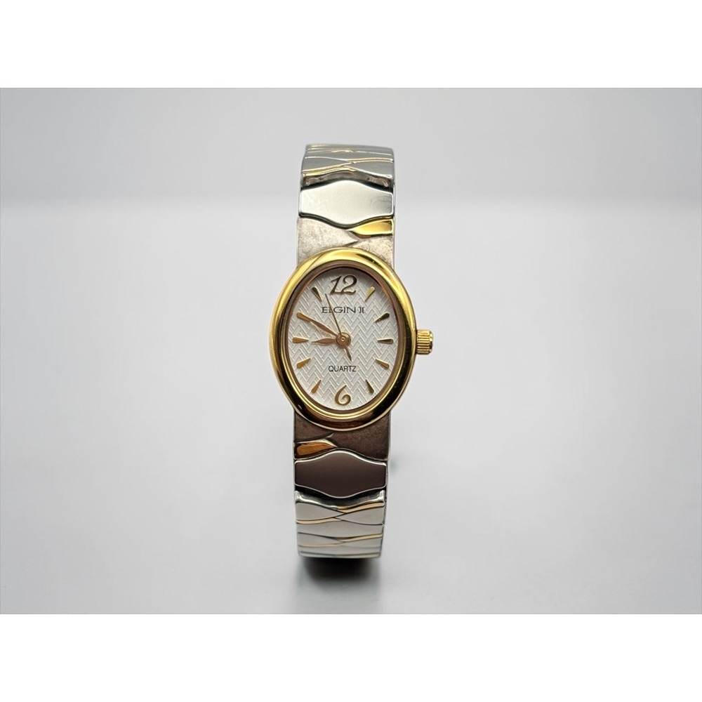 Elgin Quartz Women's Bangle Watch Two Tone Silver Gold Oval NEW BATTERY Runs